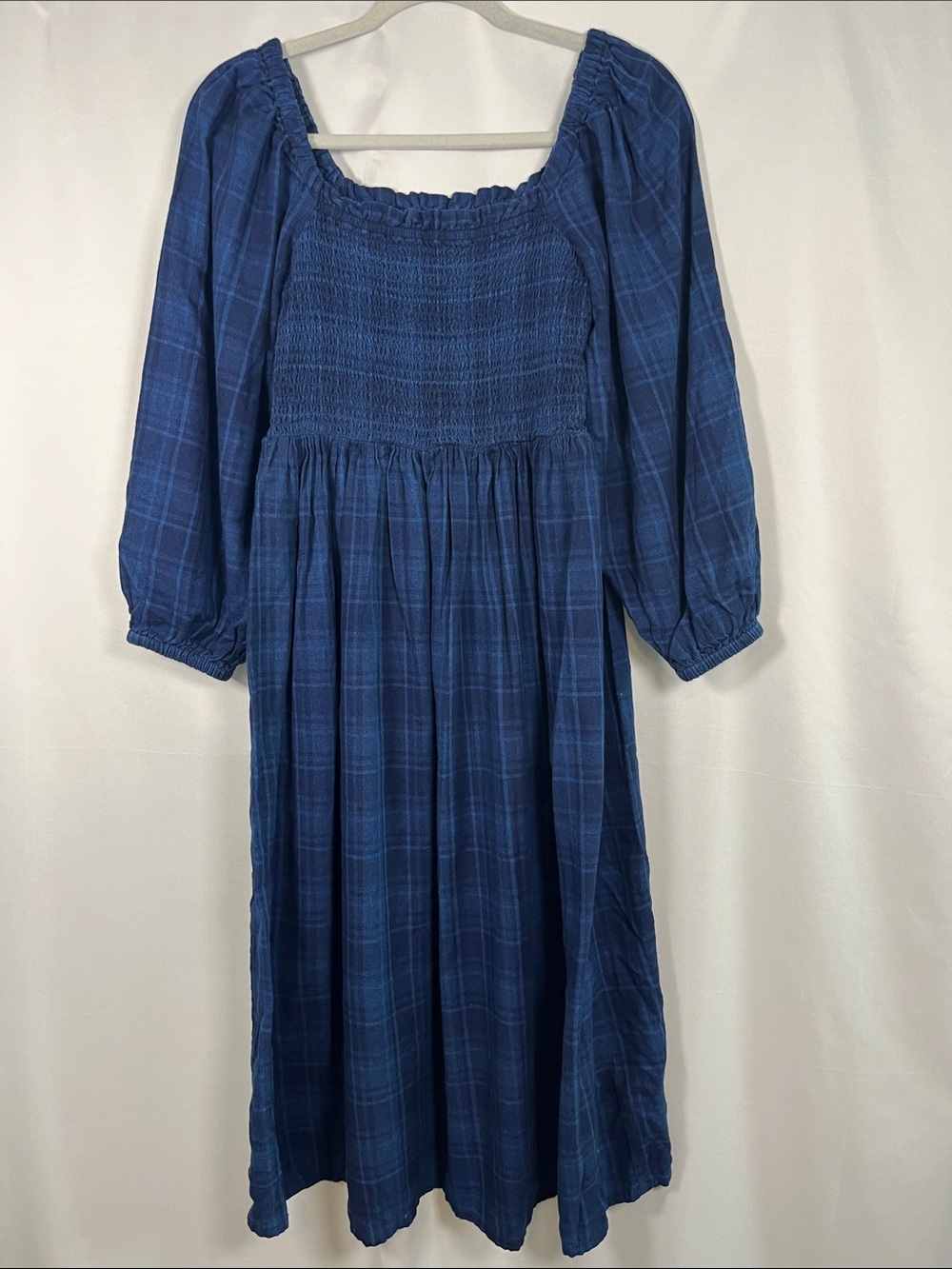 J crew 100% cotton indigo tartan plaid puff sleeve smocked midi dress sz m - Picture 3 of 9